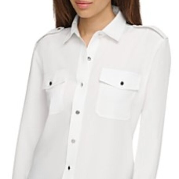 Karl Lagerfeld Paris Women's Epaulette Button up Shirt - Soft White - Picture 2 of 11